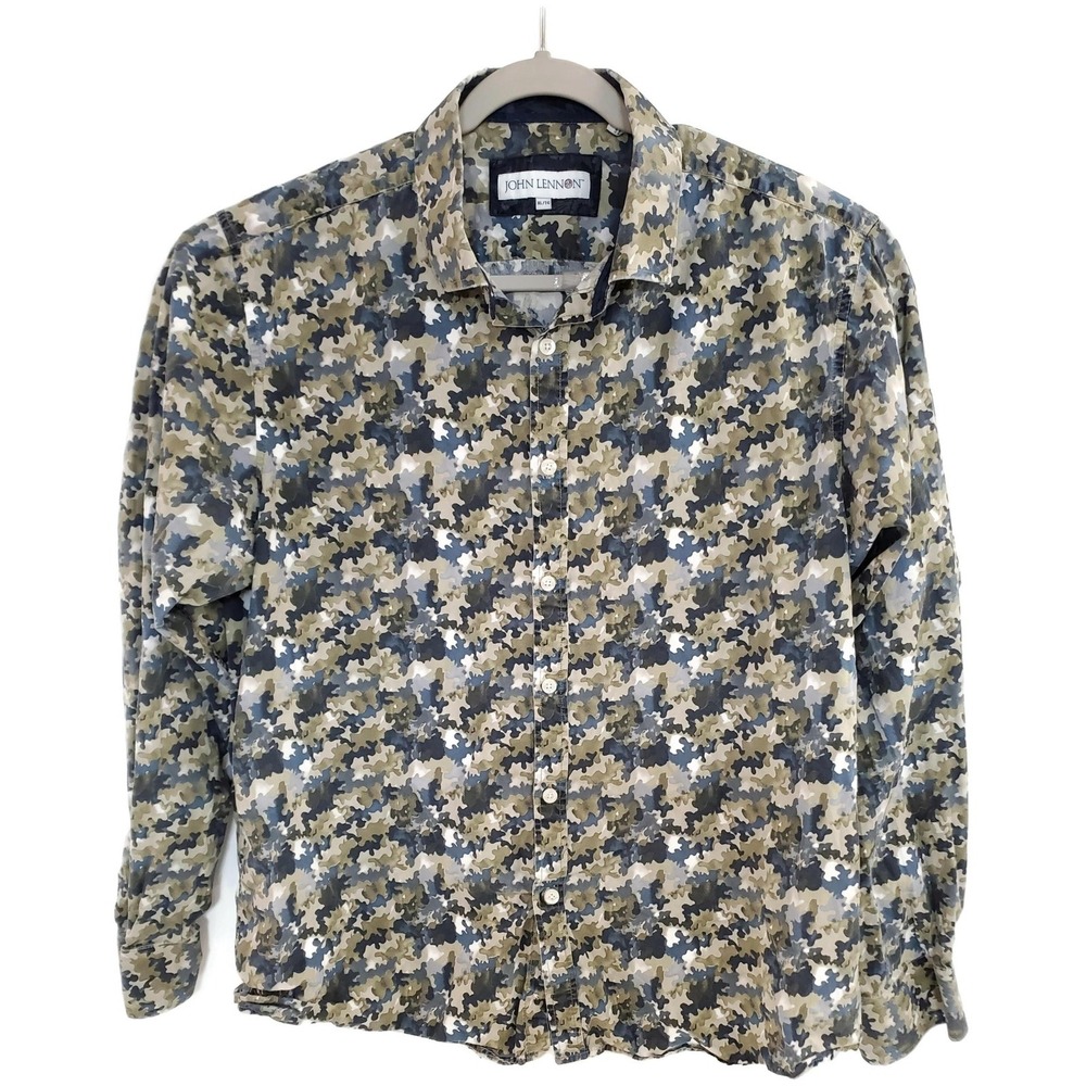 John Lennon Shirt Mens XL Green Blue Camo Print Long Sleeve Button Down‎ Casual